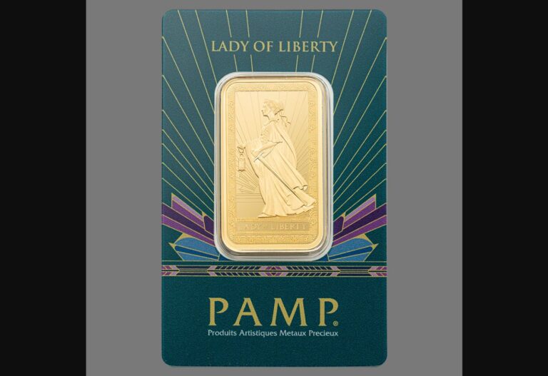PAMP Lady of Liberty Gold Minted Bar – 1oz (Teal assay card)