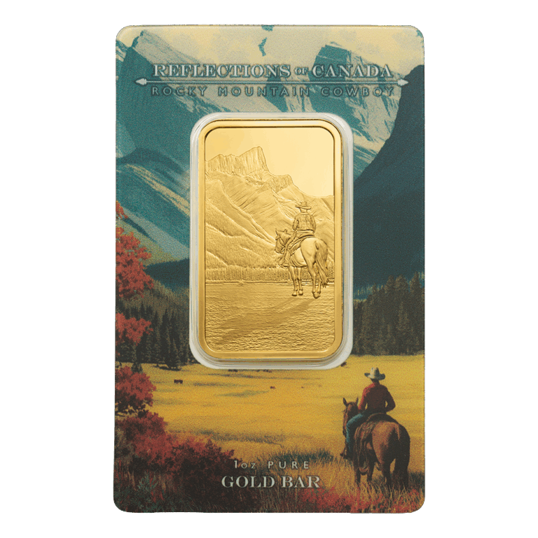 1oz Pure Gold Bar Reflections of Canada Rocky Mountain Cowboy