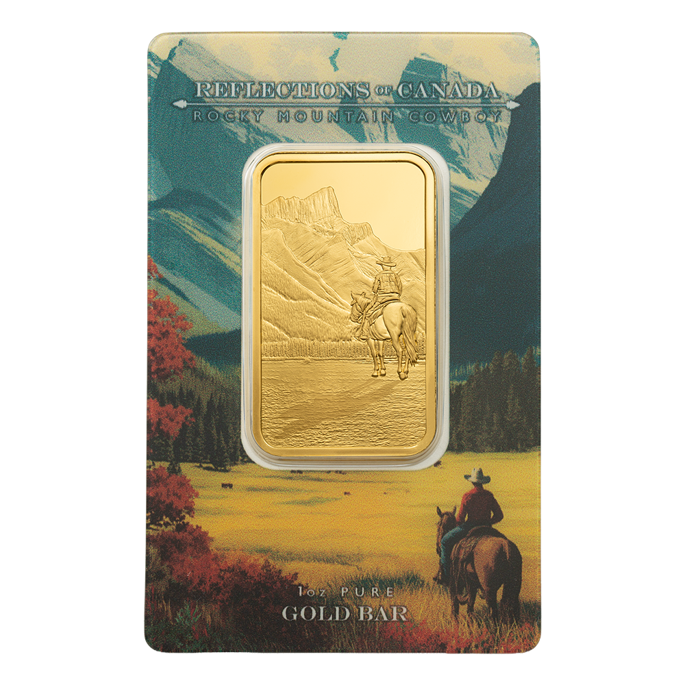 1oz Pure Gold Bar Reflections of Canada Rocky Mountain Cowboy