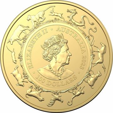 2023 100 Dollars – Elizabeth II (6th Portrait; Posthumous – Year of the Rabbit; Gold Bullion)