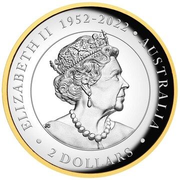 2 Dollars – Elizabeth II (6th Portrait; In the name of – Australian Kookaburra; Silver Proof Gilded)