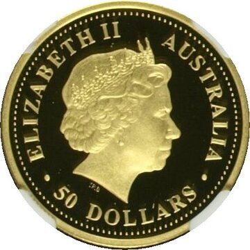 2008 50 Dollars – Elizabeth II (4th Portrait – King Brown Snake; Gold Proof)