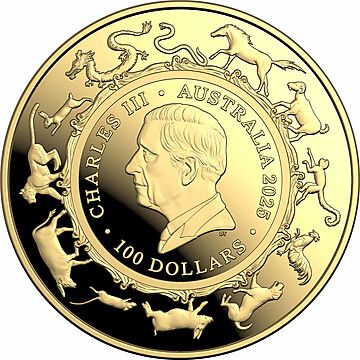 2025 100 Dollars – Charles III (1st Portrait – Year of the Snake; Domed)