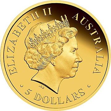 2012 5 Dollars – Elizabeth II (4th Portrait – Discover Australia – Green and Gold Bell Frog)